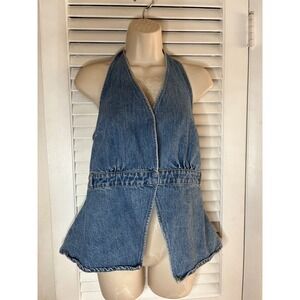 URBAN REVIVO Denim Halter Vest Top Blue Jean Snap Front Flared Size Medium
